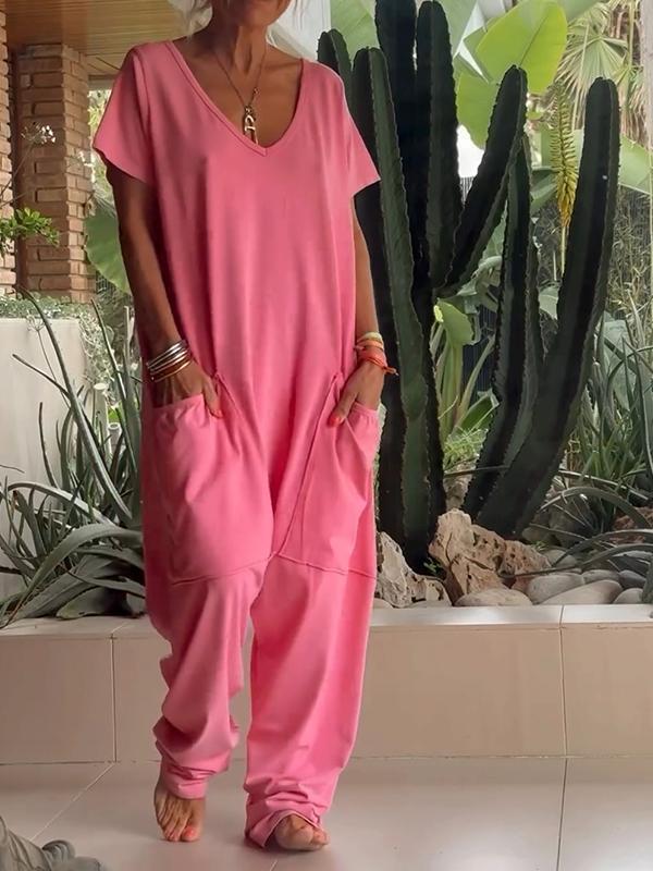 Mono Casual con Escote en V de Color Sólido