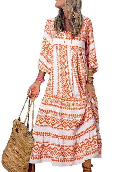 WINONA – VESTIDO MAXI GEOMÉTRICO BOHEMIO CON MANGAS ABULLONADAS PARA MUJER