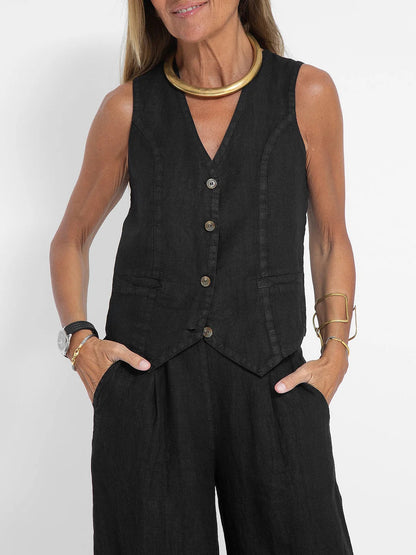 Jessica - Conjunto de Chaleco Abotonado y Pantalones de Pierna Ancha