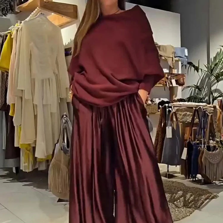 Conjunto de salón elegante de dos piezas con hombros descubiertos – suave, favorecedor y elegantemente casual