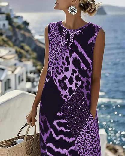 Vestido Sin Mangas Largas de Estampado de Leopardo en Patchwork