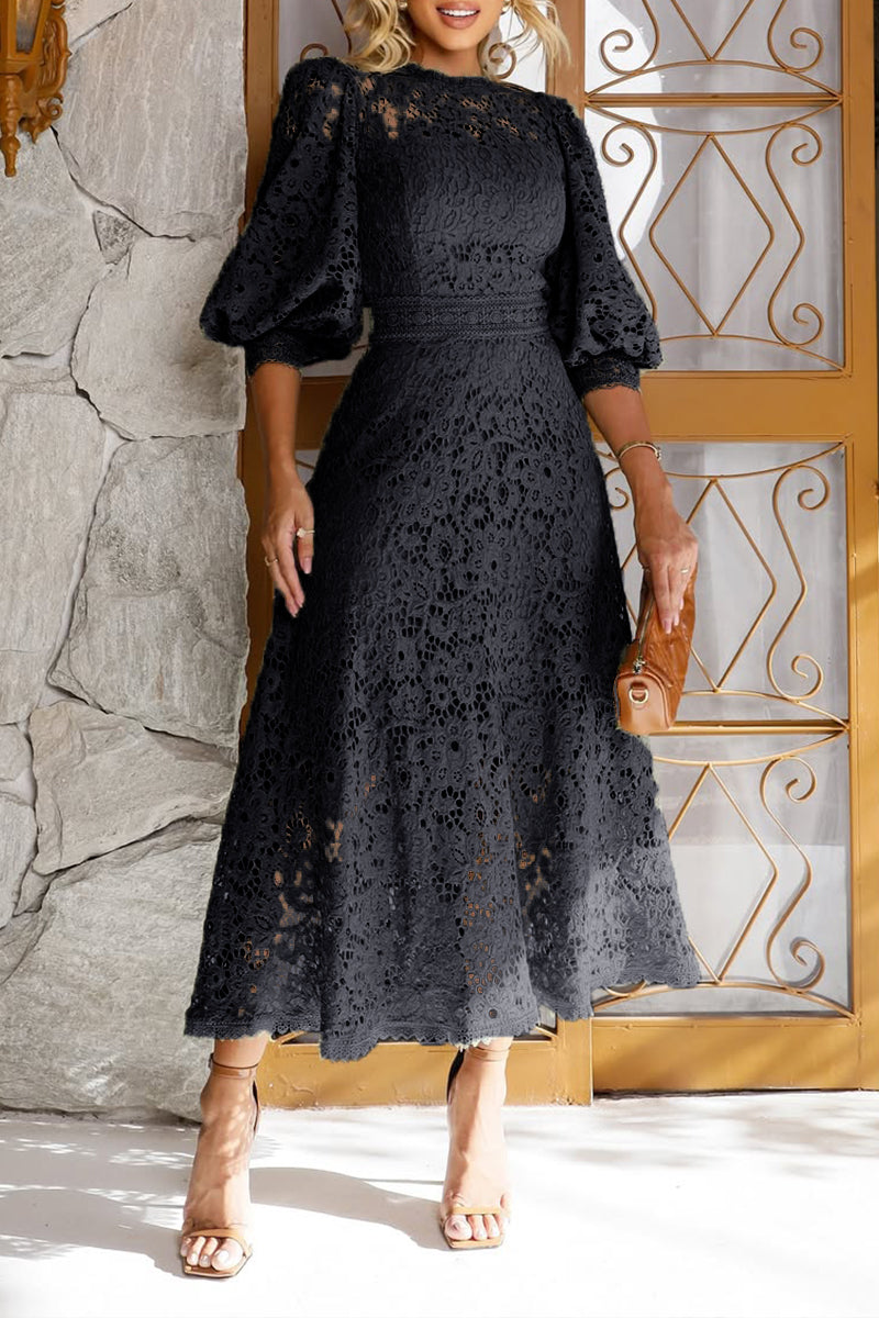 Vestido Midi de Encaje con Mangas de Linterna