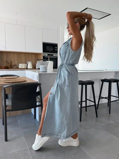 Vestido Maxi de Denim - Corte Fluido y Atemporal
