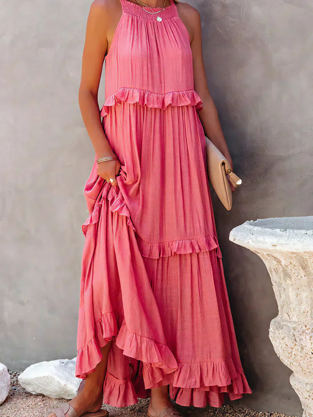 Ilona - Vestido Halter con Volantes y Bolsillos Maxi