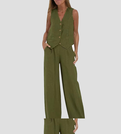 Jessica - Conjunto de Chaleco Abotonado y Pantalones de Pierna Ancha
