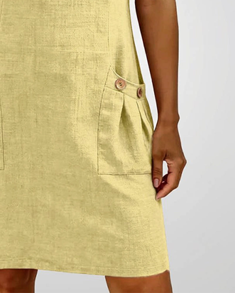 Vestido Corto de Lino y Algodón con Cierre de Cremallera - Corte A-Line Elegante