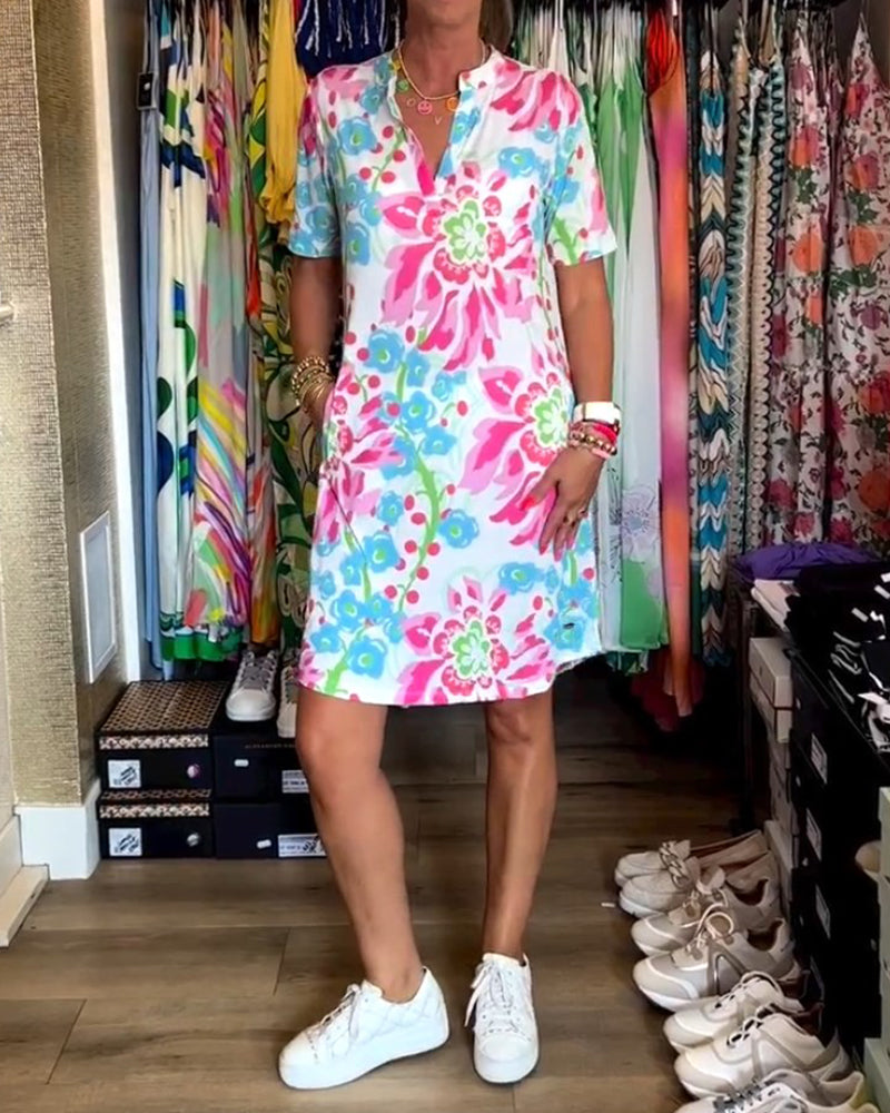 Ivendra | Vestido de Manga Corta con Estampado Floral