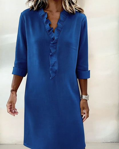 Vestido Sólido con Volantes y Cuello en V