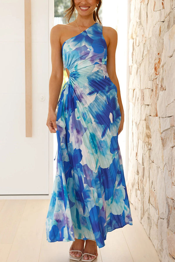 Deja - Vestido Maxi Plisado de Un Hombro con Patrón Floral