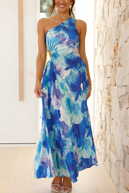 Deja - Vestido Maxi Plisado de Un Hombro con Estampado Floral