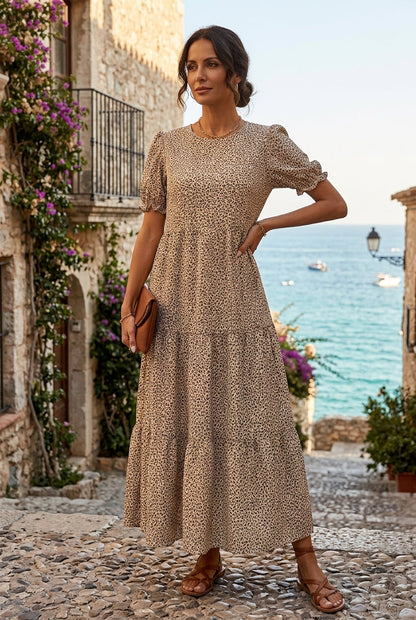 Vestido Largo Mujer - Cuello Redondo con Detalles Fruncidos Elegantes