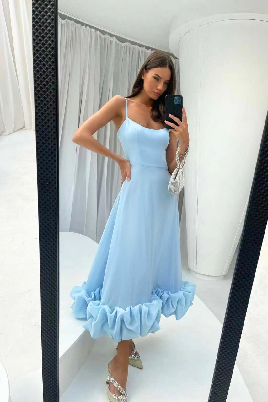 Vestido Maxi de Mujer con Tirantes de Espagueti, Falda Acampanada y Dobladillo con Volantes
