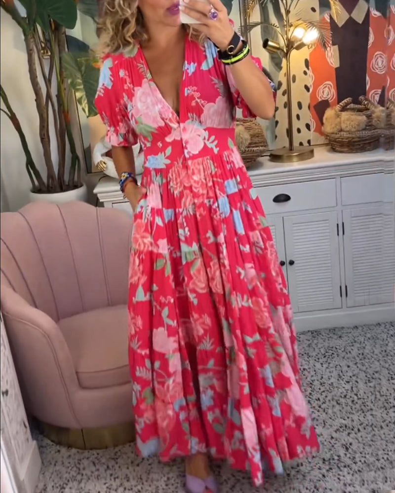 Catrisa ~ Vestido Floral con Escote en V y Bolsillos