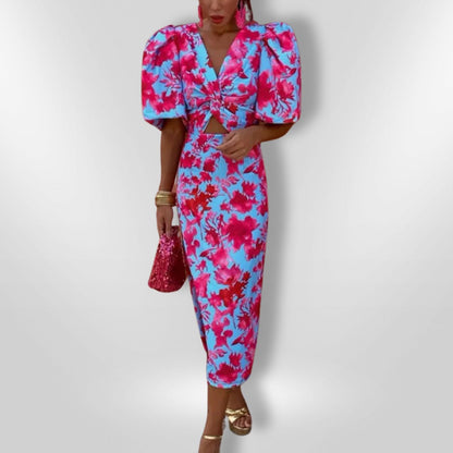 Robe Midi Elegante con Mangas Voluminosas