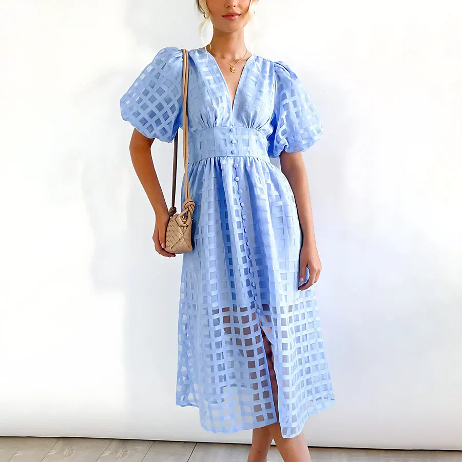 Caelis | Vestido Midi con Mangas Abullonadas de Patrón Clásico