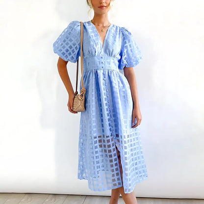 Caelis | Vestido Midi con Mangas Abullonadas de Patrón Clásico
