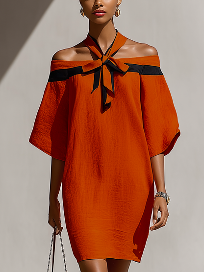 Vestido Mini Naranja Mujer Off-Shoulder Con Detalle de Cuello con Lazo Negro