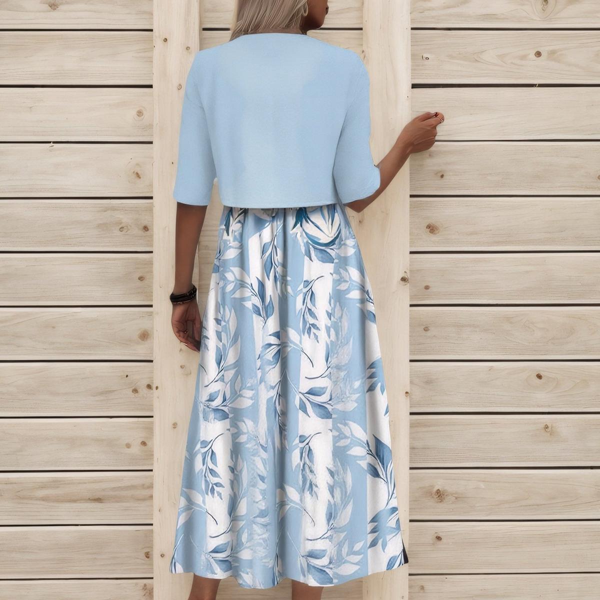 Vestido Midi Único con Estampado de Plantas Azules y Chaqueta