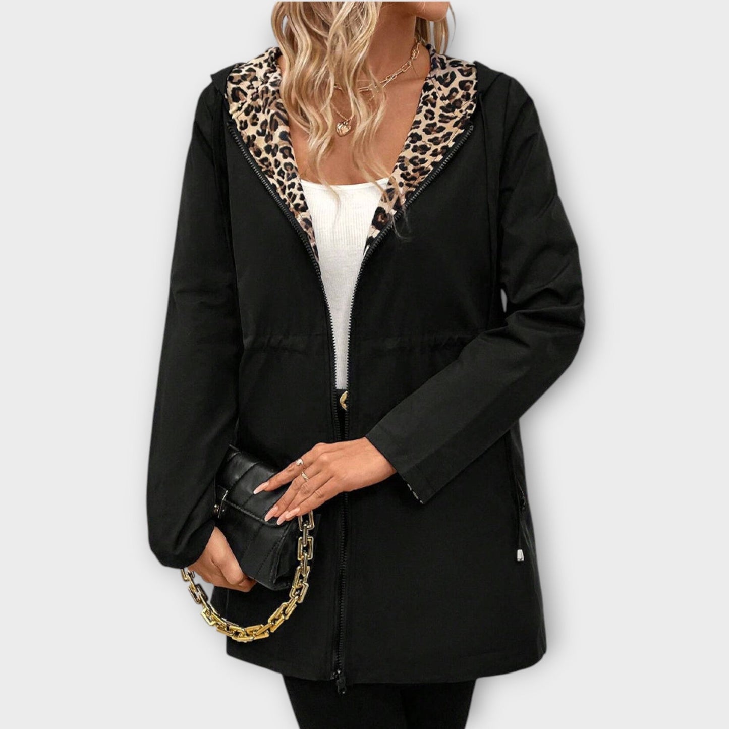 Abrigo Reversible con Capucha y Estampado Leopardo