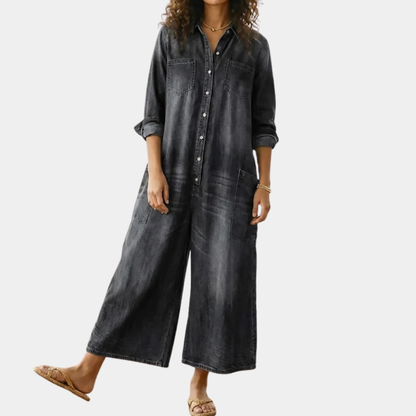 Saylor - Pantalón de Tirantes de Denim de Algodón Lavado Vintage con Cierre de Botón