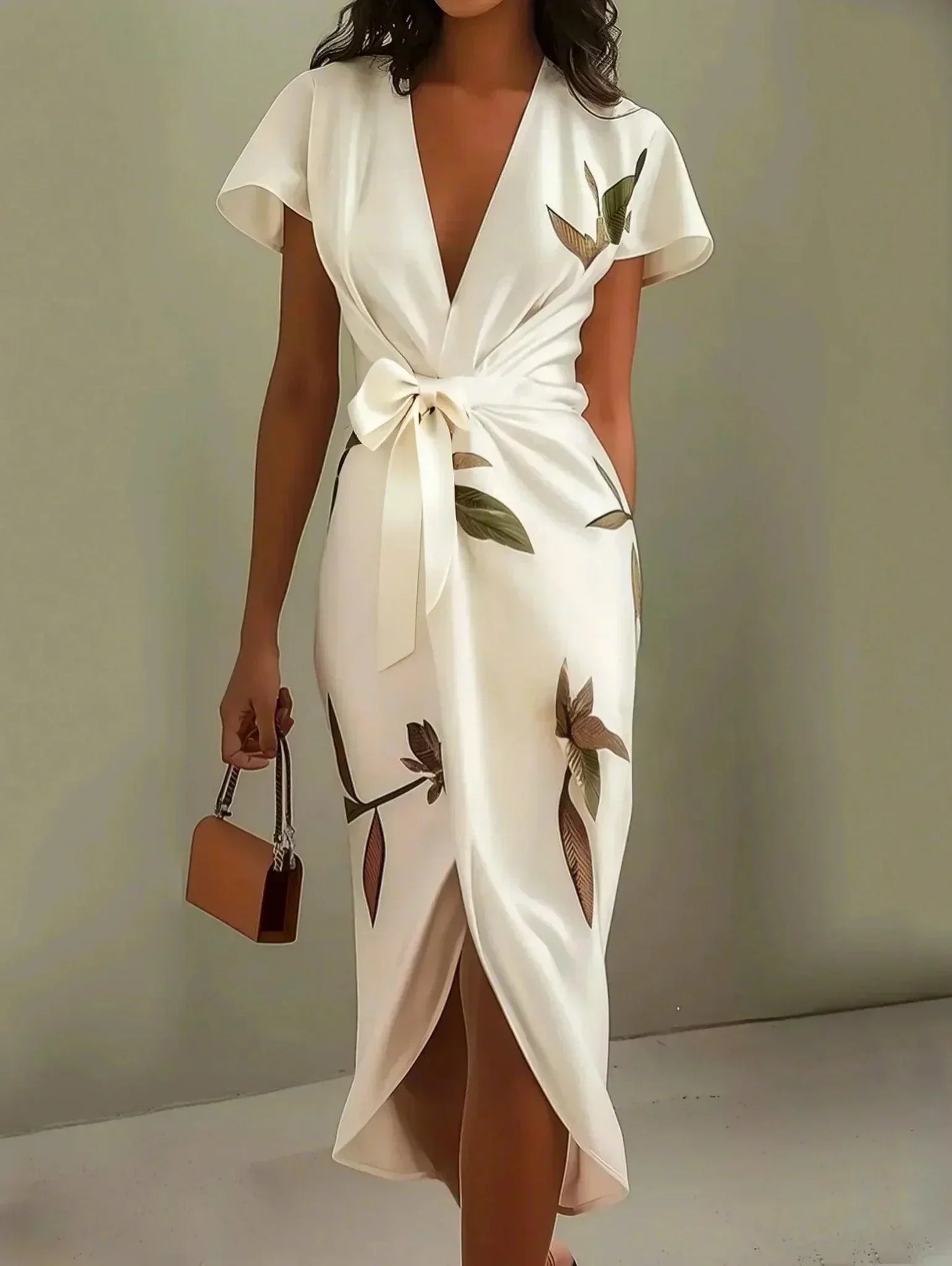 Vestido ajustado Florence en satén con mangas cortas y patrón de hojas blancas