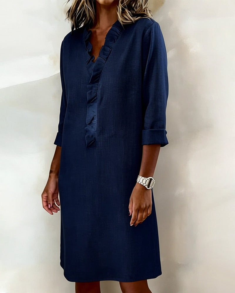 Vestido Sólido con Volantes y Cuello en V