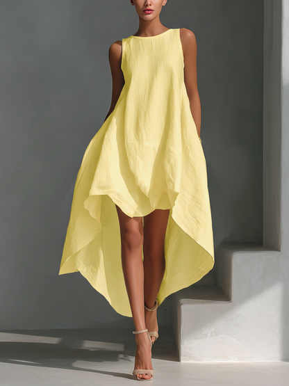 Vestido Midi Sin Mangas de Lino Blanco para Mujer con Cuello Redondo y Dobladillo Asimétrico