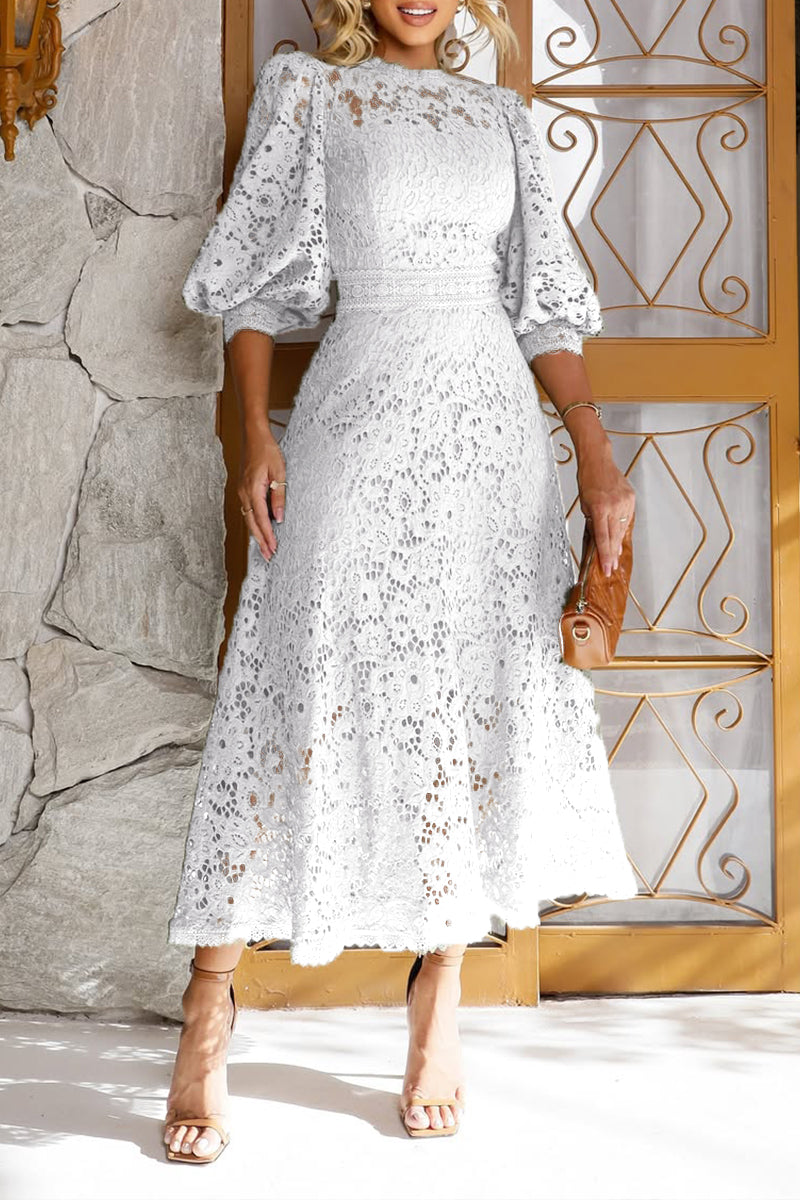 Vestido Midi de Encaje con Mangas de Linterna