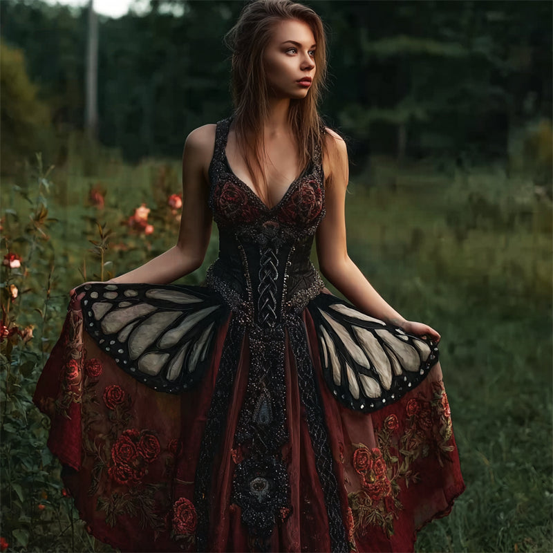 Vestido Flowy de Cintura Ancha con Brillo de Mariposas y Rosas Místicas Vintage