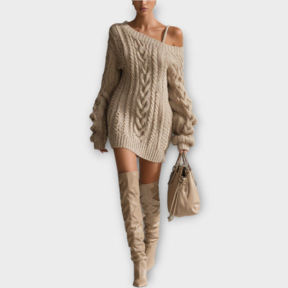 Vestido Suéter de Punto Trenzado con Hombros Descubiertos