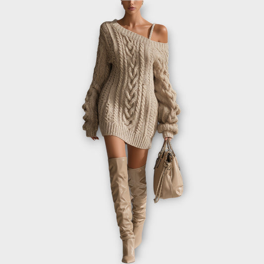 Vestido Suéter de Punto Trenzado con Hombros Descubiertos