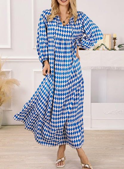 WINONA – VESTIDO MAXI GEOMÉTRICO BOHEMIO CON MANGAS ABULLONADAS PARA MUJER