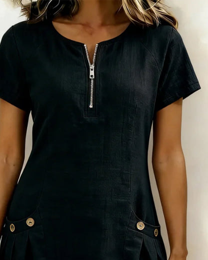 Vestido Corto de Lino y Algodón con Cierre de Cremallera - Corte A-Line Elegante