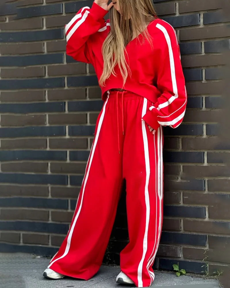 Conjunto de dos piezas de punto en rayas y pantalones anchos
