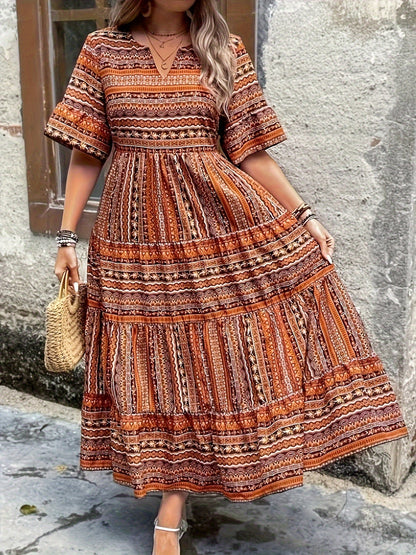 Sylpha - Vestido Bohemio de Estampado Étnico Elegante