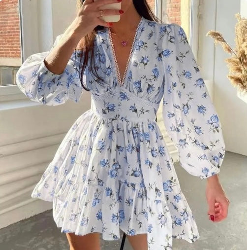 Vestido Mini Floral para Mujeres con Mangas Largas Abullonadas y Escote en V