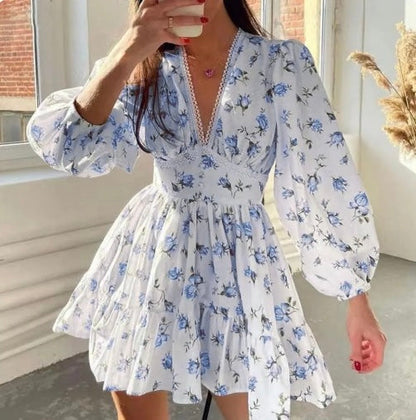 Vestido Mini Floral para Mujeres con Mangas Largas Abullonadas y Escote en V
