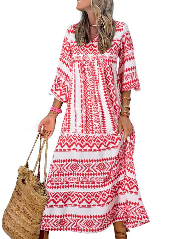 WINONA – VESTIDO MAXI GEOMÉTRICO BOHEMIO CON MANGAS ABULLONADAS PARA MUJER