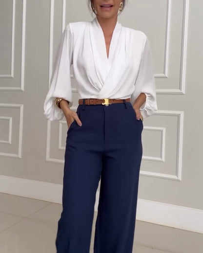 Blusa de Manga Lámpara en Color Sólido con Escote en V