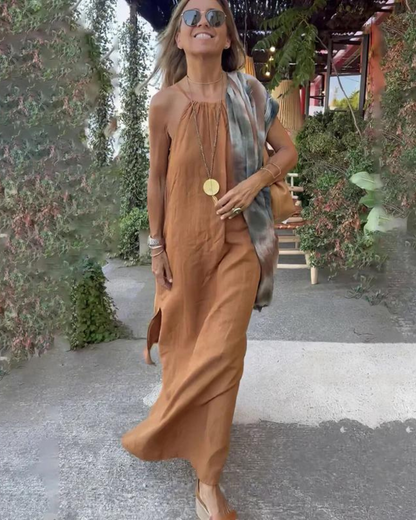 Brynn - Vestido Maxi de Algodón y Lino con Corte Halter para Mujeres