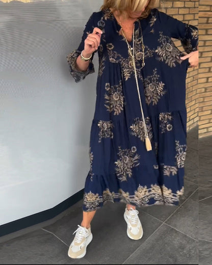 Nora – Vestido Midi Vintage Suelto con Escote en V