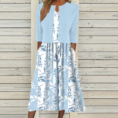 Vestido Midi Único con Estampado de Plantas en Azul y Chaqueta