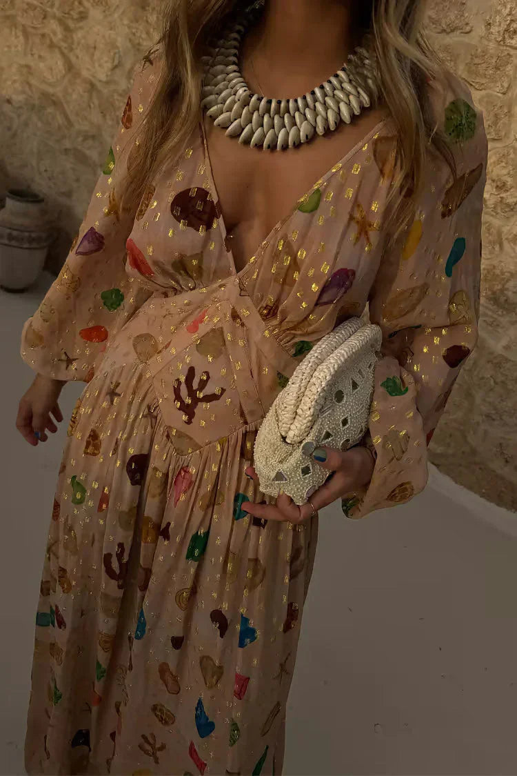 Alessandra - Vestido con estampado marino y detalles dorados