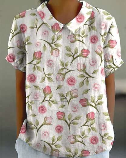 Beatrix - Camisa de Algodón-Lino con Flores Retro