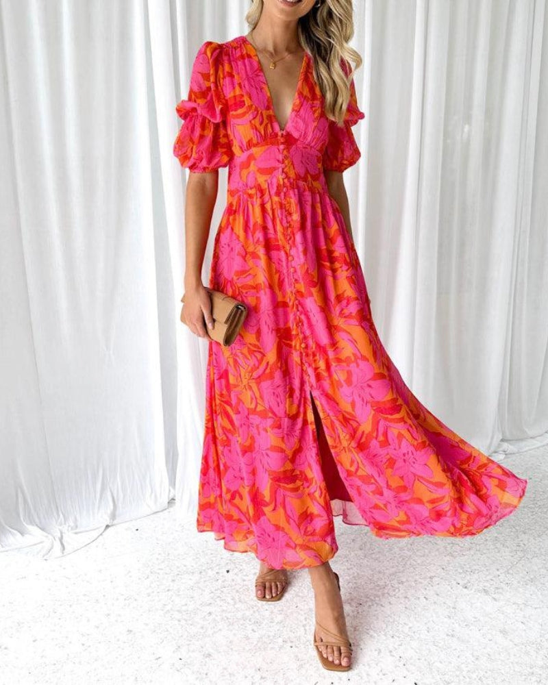 Zynelle | Elegante vestido maxi con escote en V y mangas abullonadas