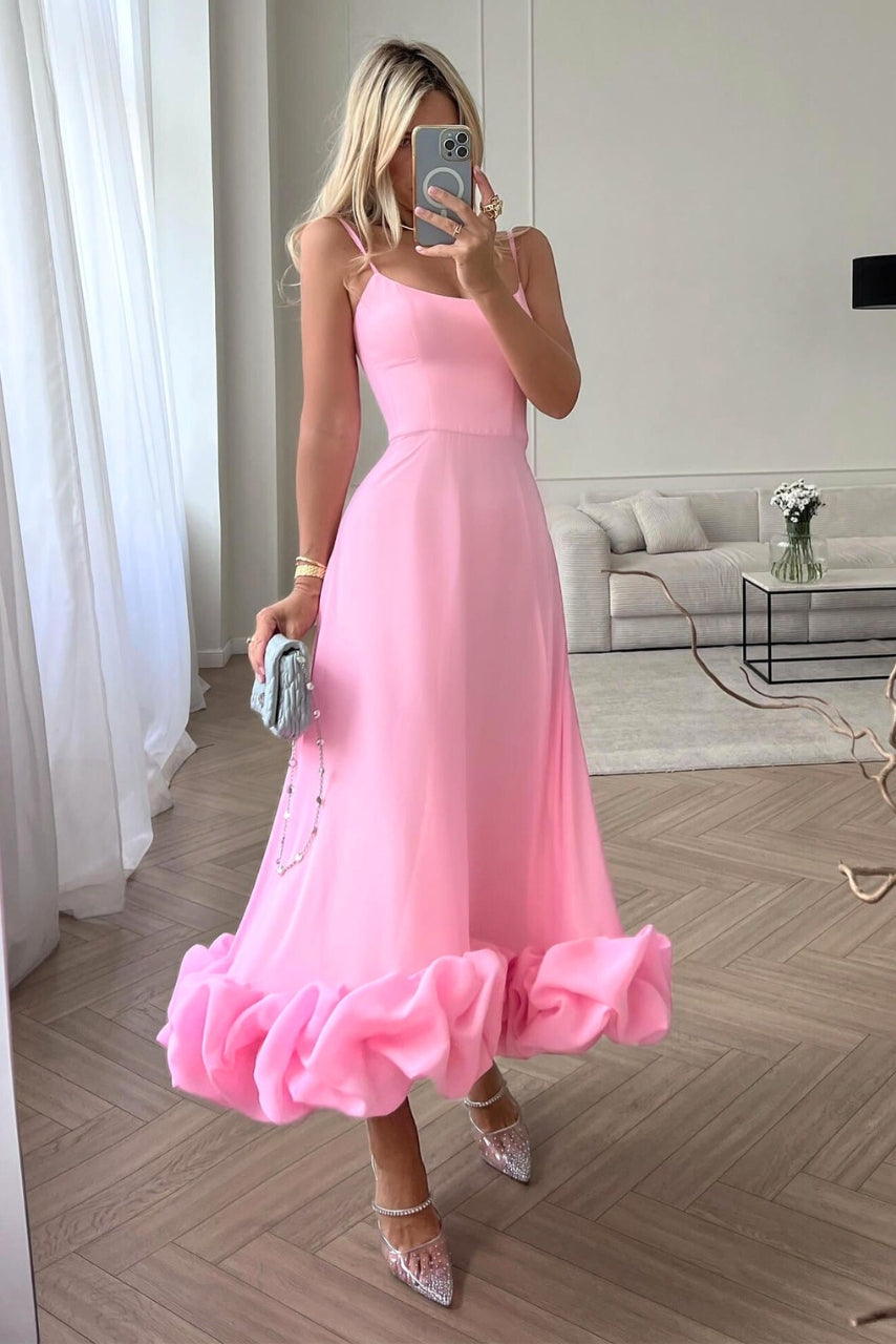 Vestido Maxi de Mujer con Tirantes de Espagueti, Falda Acampanada y Dobladillo con Volantes