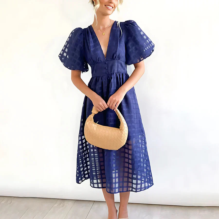 Caelis | Vestido Midi con Mangas Abullonadas de Patrón Clásico