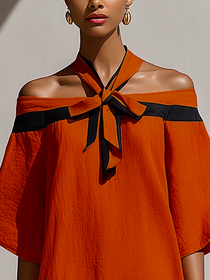 Vestido Mini Naranja Mujer Off-Shoulder Con Detalle de Cuello con Lazo Negro