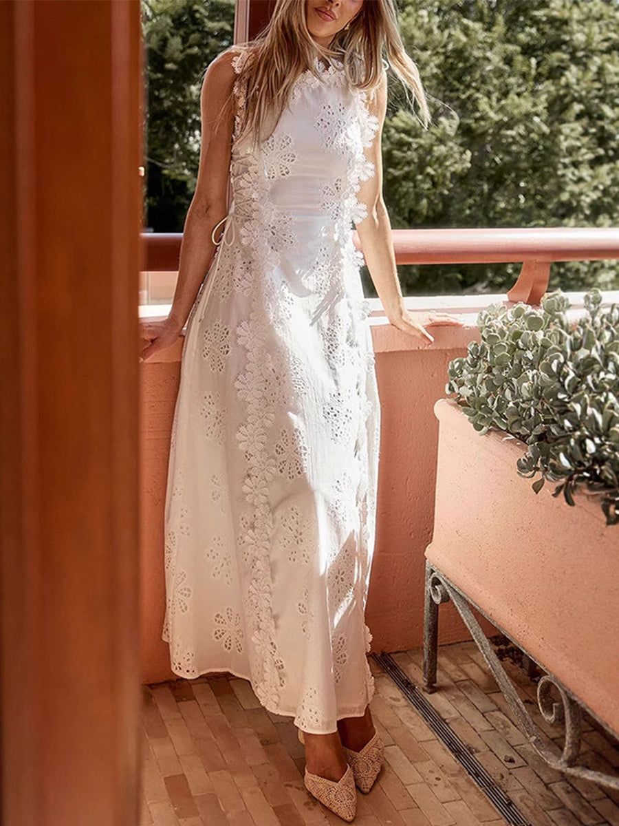 Éliora – Vestido Maxi de Encaje Floral con Tirantes Ajustables