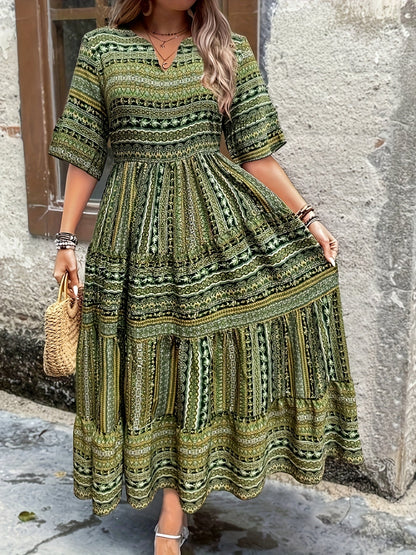 Sylpha - Vestido Bohemio de Estampado Étnico Elegante